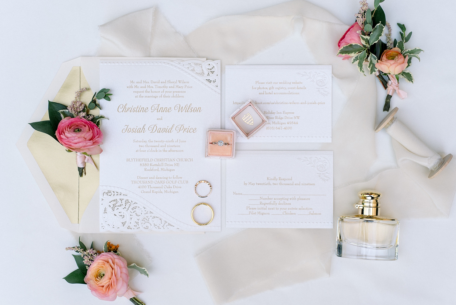 Romantic Garden Themed, Peach and Coral Summertime Wedding by Erika Christine Photography. Wedding Invitation Suite Flat Lay. Blush Mrs. Box