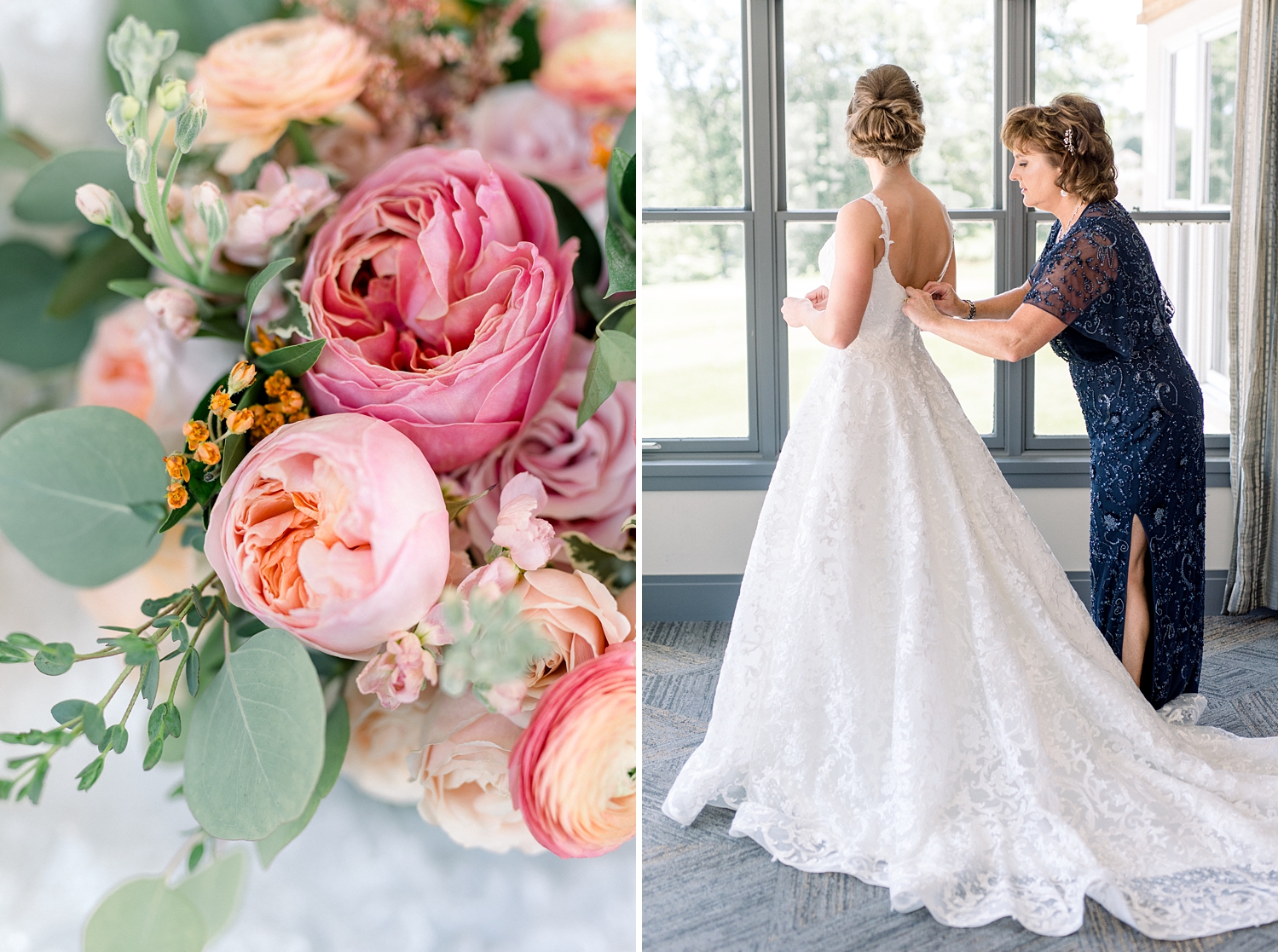 Romantic Garden Themed, Peach and Coral Summertime Wedding by Erika Christine Photography. Large pink peony bridal boquet.