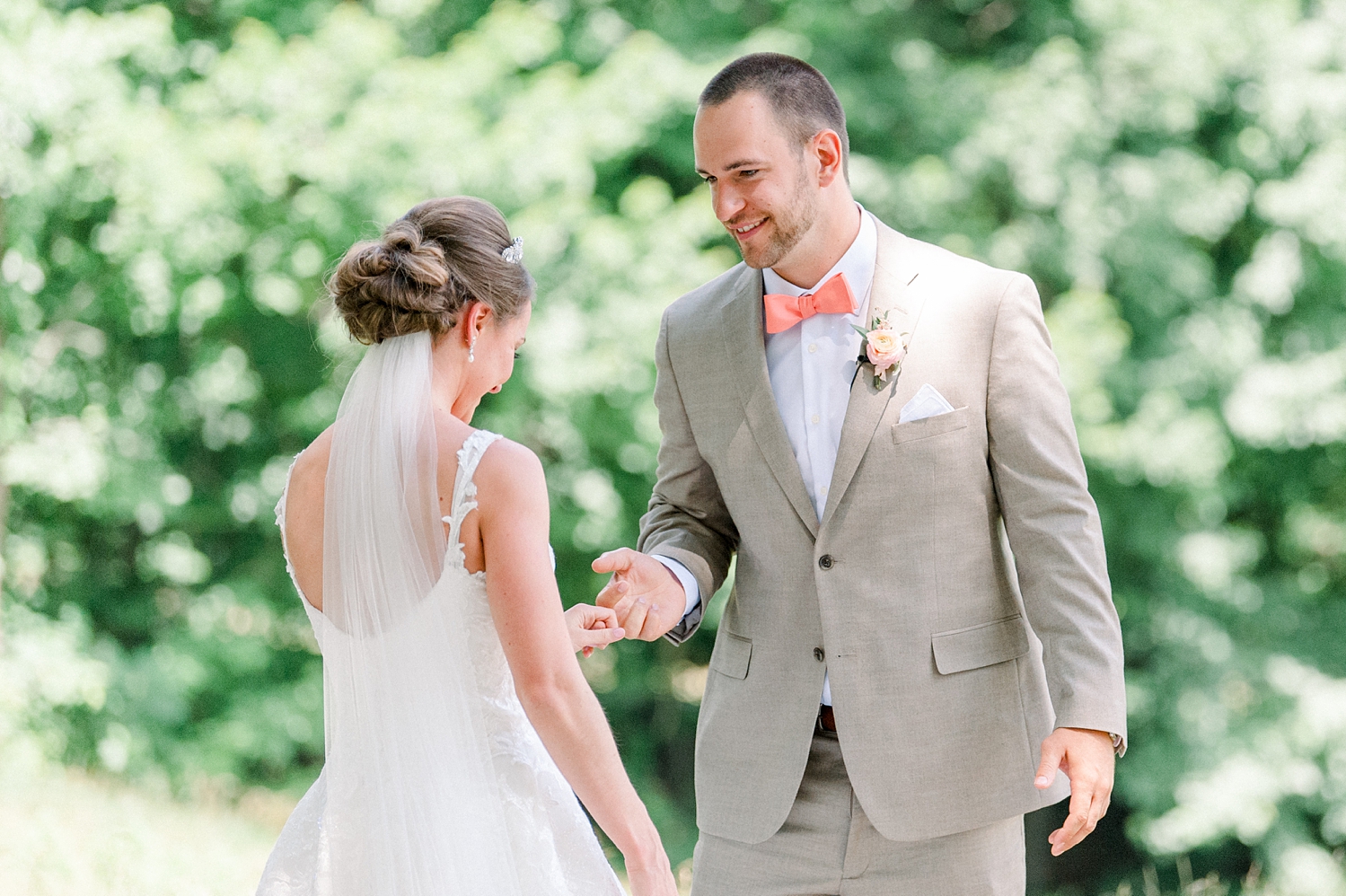 Romantic Garden Themed, Peach and Coral Summertime Wedding by Erika Christine Photography. First Look