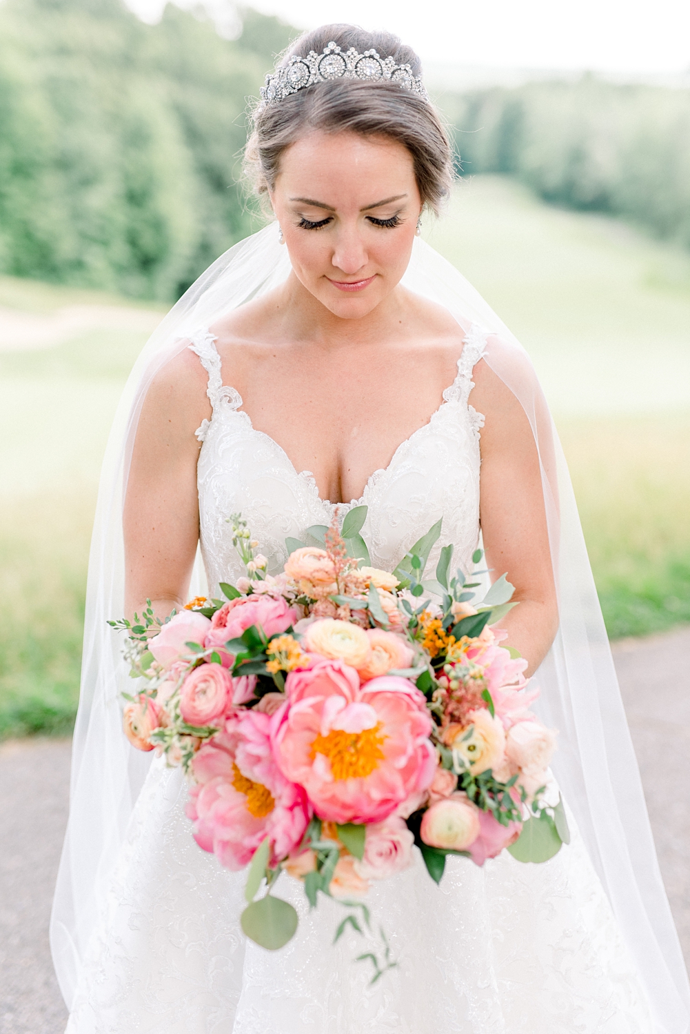 Romantic Garden Themed, Peach and Coral Summertime Wedding by Erika Christine Photography. Pink peony bridal bouquet