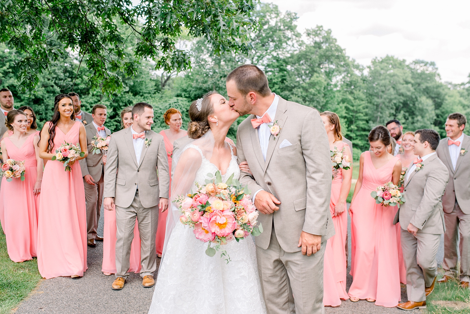 Romantic Garden Themed, Peach and Coral Summertime Wedding by Erika Christine Photography. Large Bridal Party